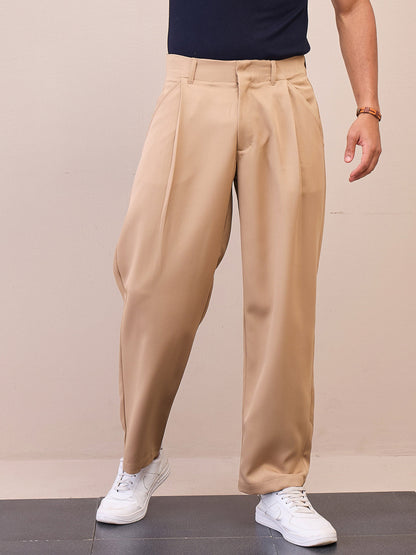 Men Beige Straight Pleated Trousers