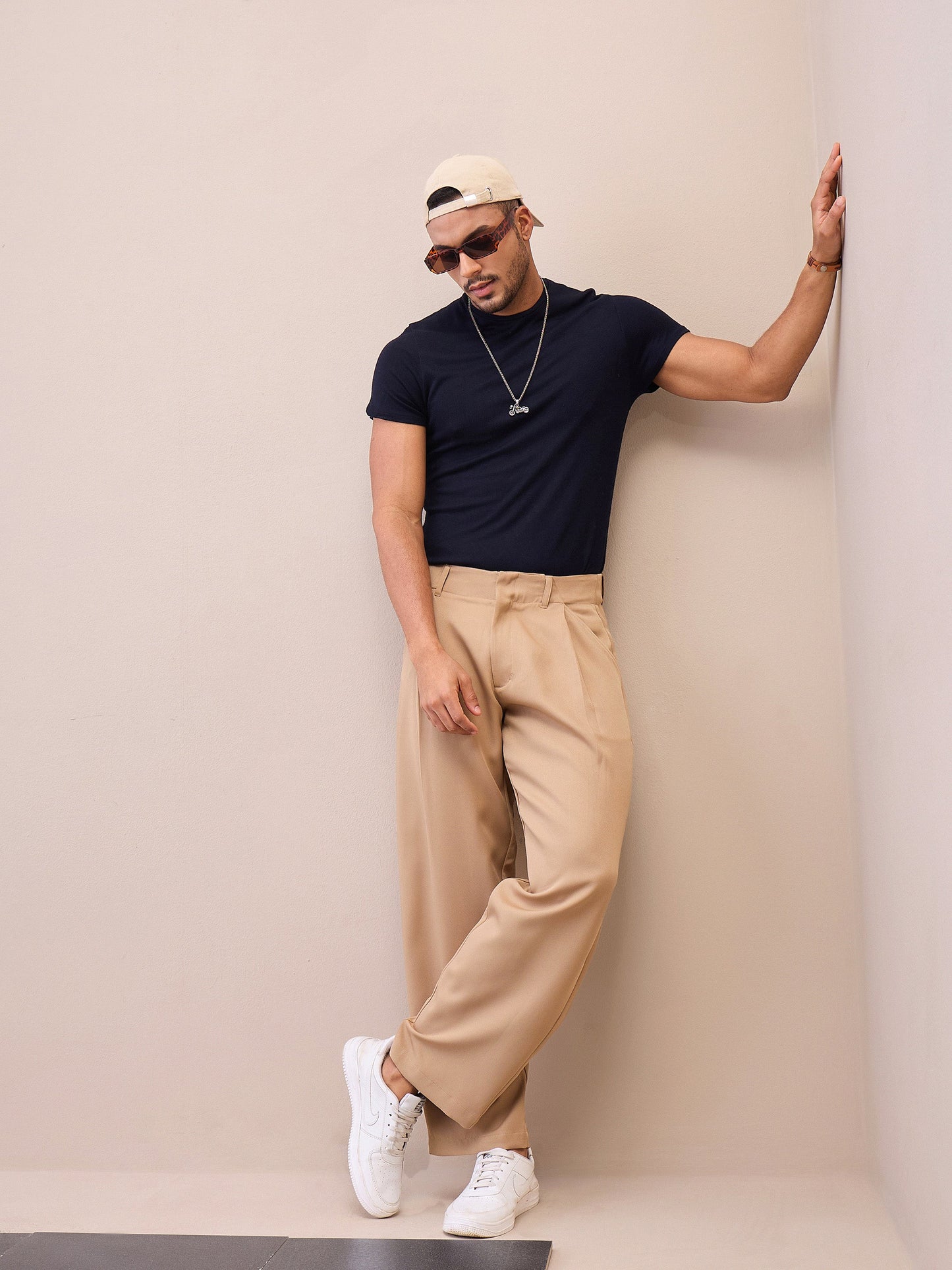 Men Beige Straight Pleated Trousers