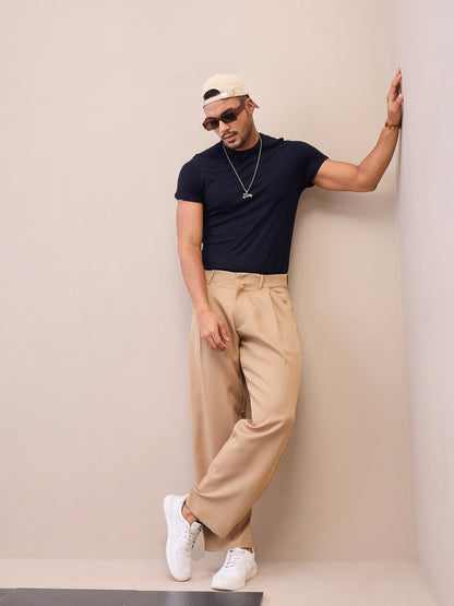Men Beige Straight Pleated Trousers