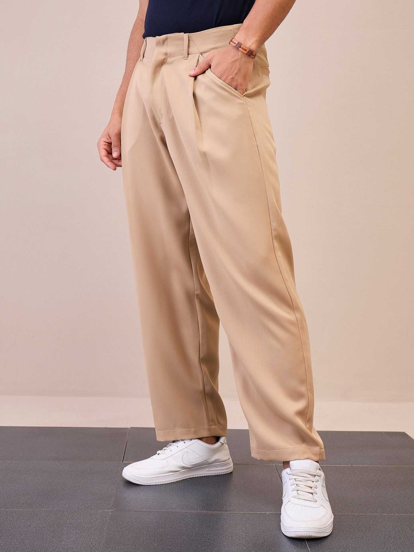 Men Beige Straight Pleated Trousers