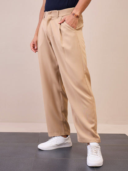 Men Beige Straight Pleated Trousers