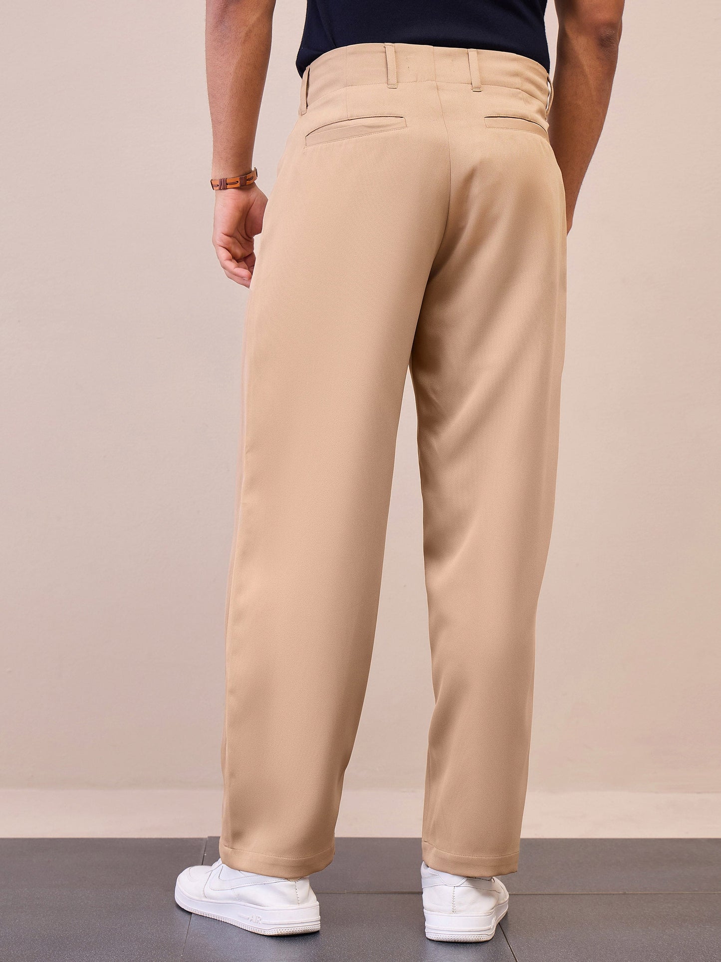 Men Beige Straight Pleated Trousers