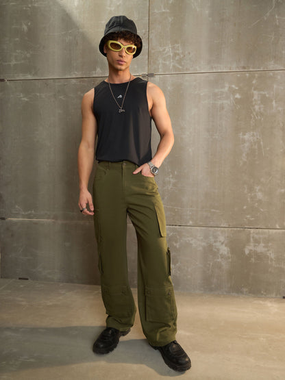 Men Green Twill Utility Pockets Wide Leg Cargo Pants