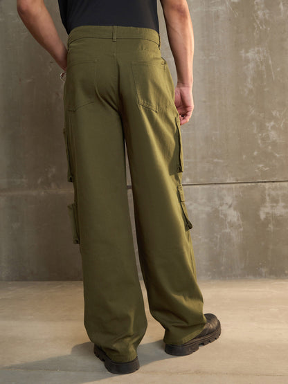 Men Green Twill Utility Pockets Wide Leg Cargo Pants