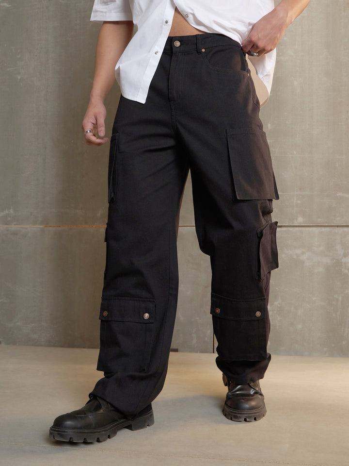 Men Black Twill Utility Pockets Wide Leg Cargo Pants