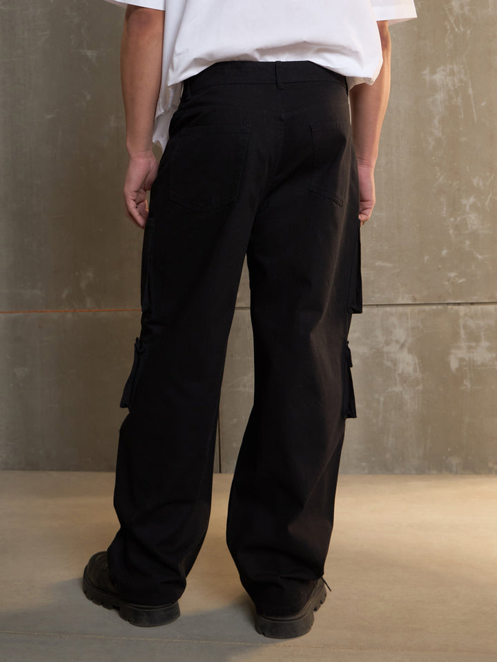 Men Black Twill Utility Pockets Wide Leg Cargo Pants