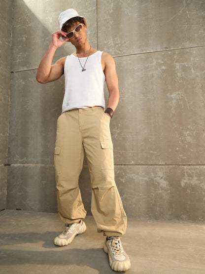 Men Beige Twill Facing Detail Wide Leg Cargo Pants