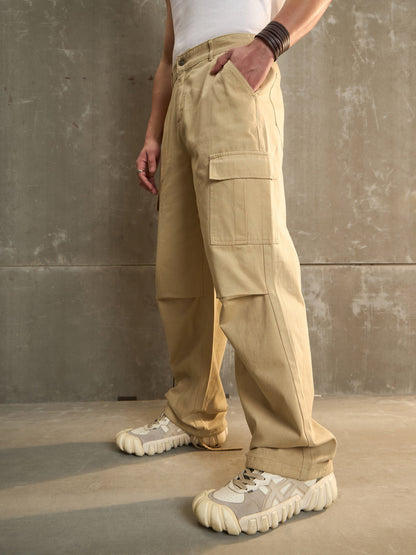 Men Beige Twill Facing Detail Wide Leg Cargo Pants