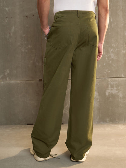 Men Green Twill Facing Detail Wide Leg Cargo Pants