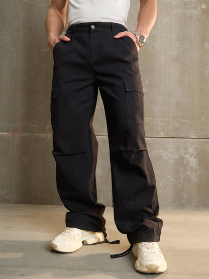 Men Black Twill Facing Detail Wide Leg Cargo Pants