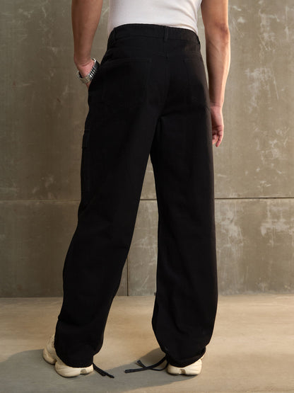 Men Black Twill Facing Detail Wide Leg Cargo Pants
