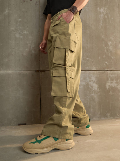 Men Olive Twill Cargo Pockets Wide Leg Pants