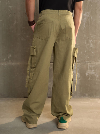 Men Olive Twill Cargo Pockets Wide Leg Pants