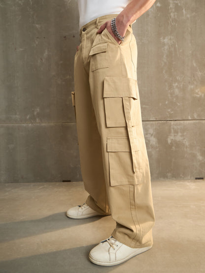 Men Beige Twill Cargo Pockets Wide Leg Pants