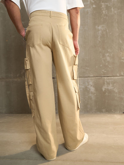 Men Beige Twill Cargo Pockets Wide Leg Pants