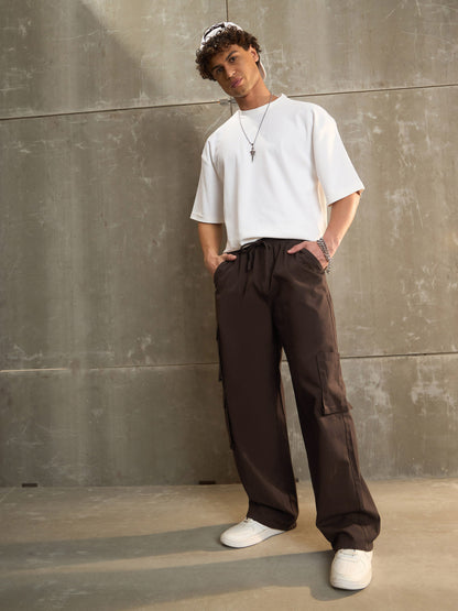 Men Brown Twill Elasticated Waist Wide Leg Pants