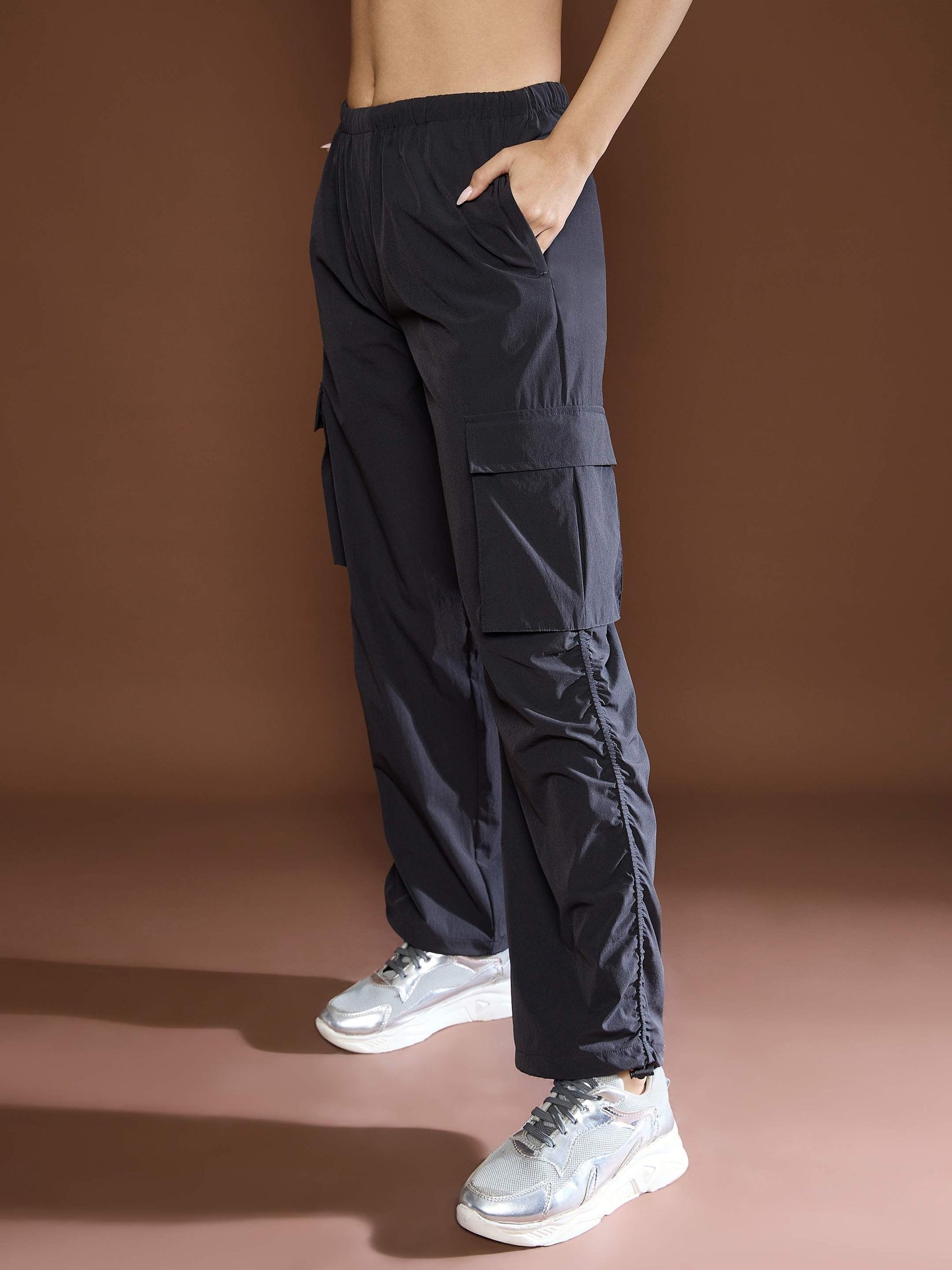 Unisex Dark Grey Side Ruched Baggy Parachute Pants