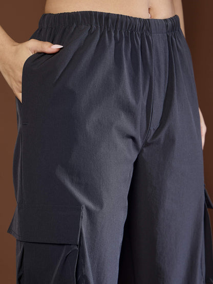 Unisex Dark Grey Side Ruched Baggy Parachute Pants