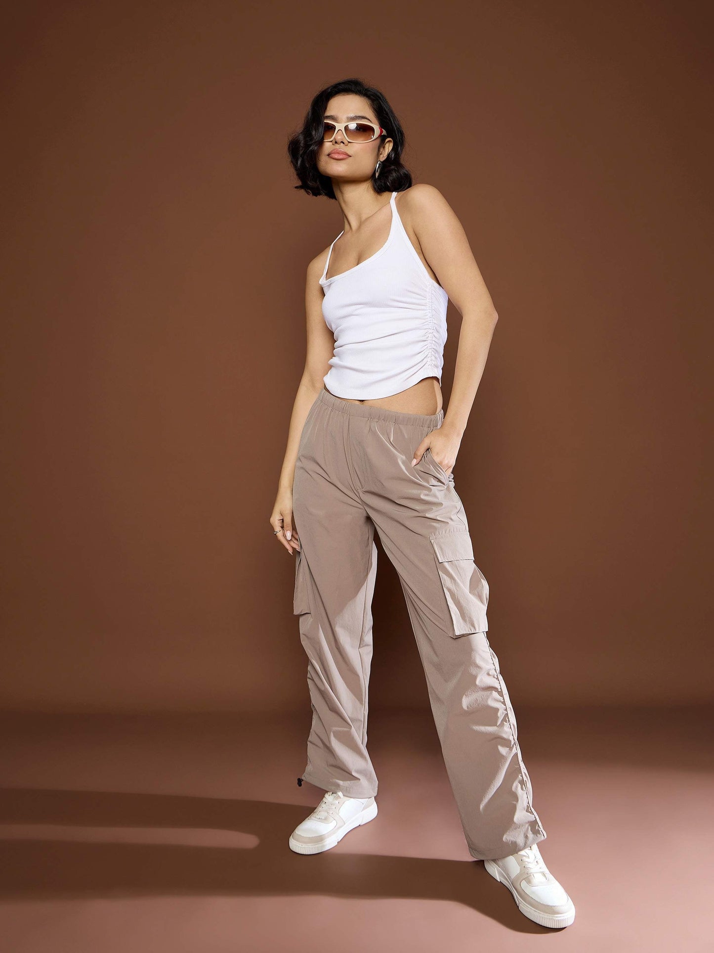 Unisex Taupe Side Ruched Baggy Parachute Pants