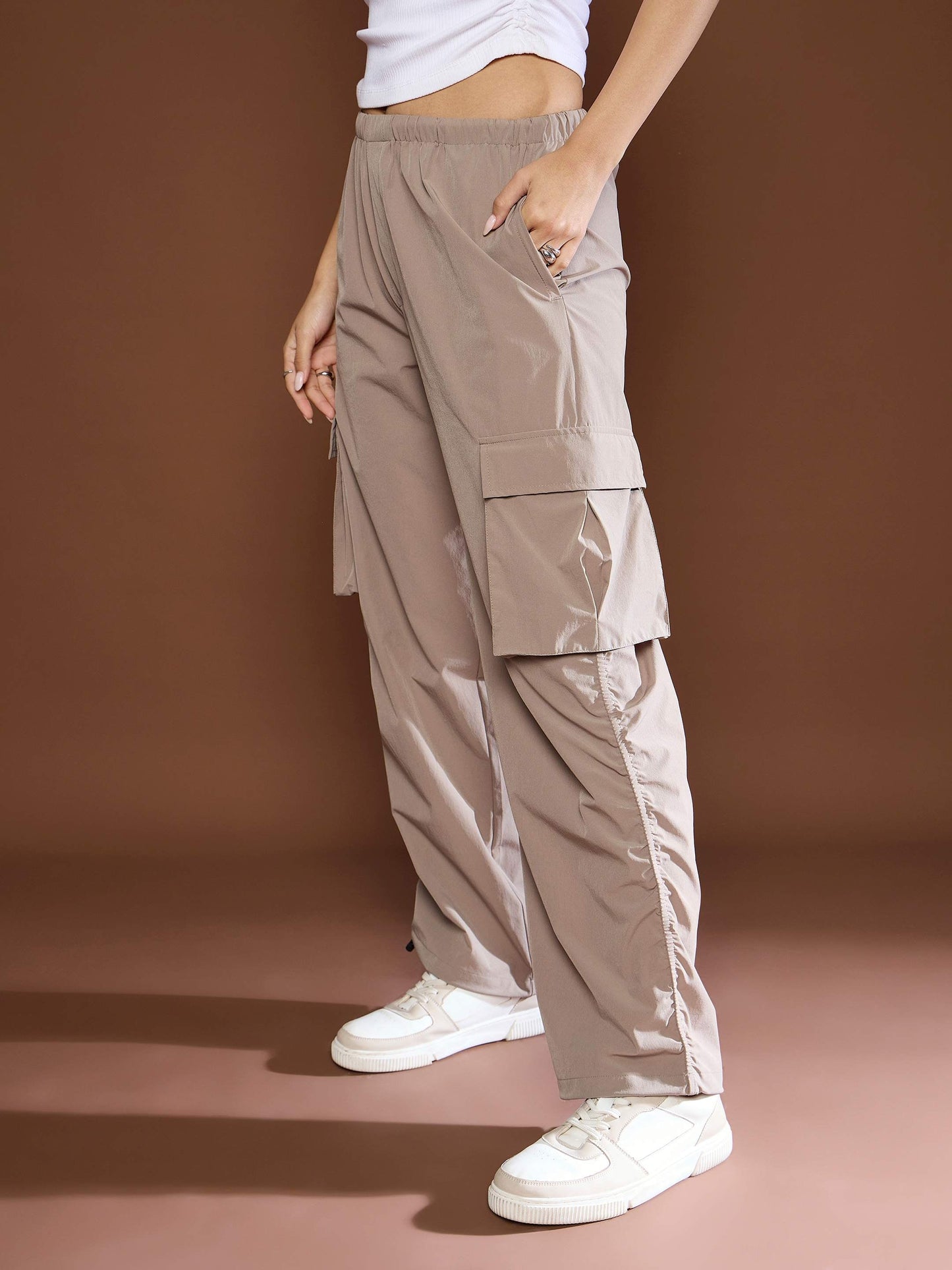 Unisex Taupe Side Ruched Baggy Parachute Pants