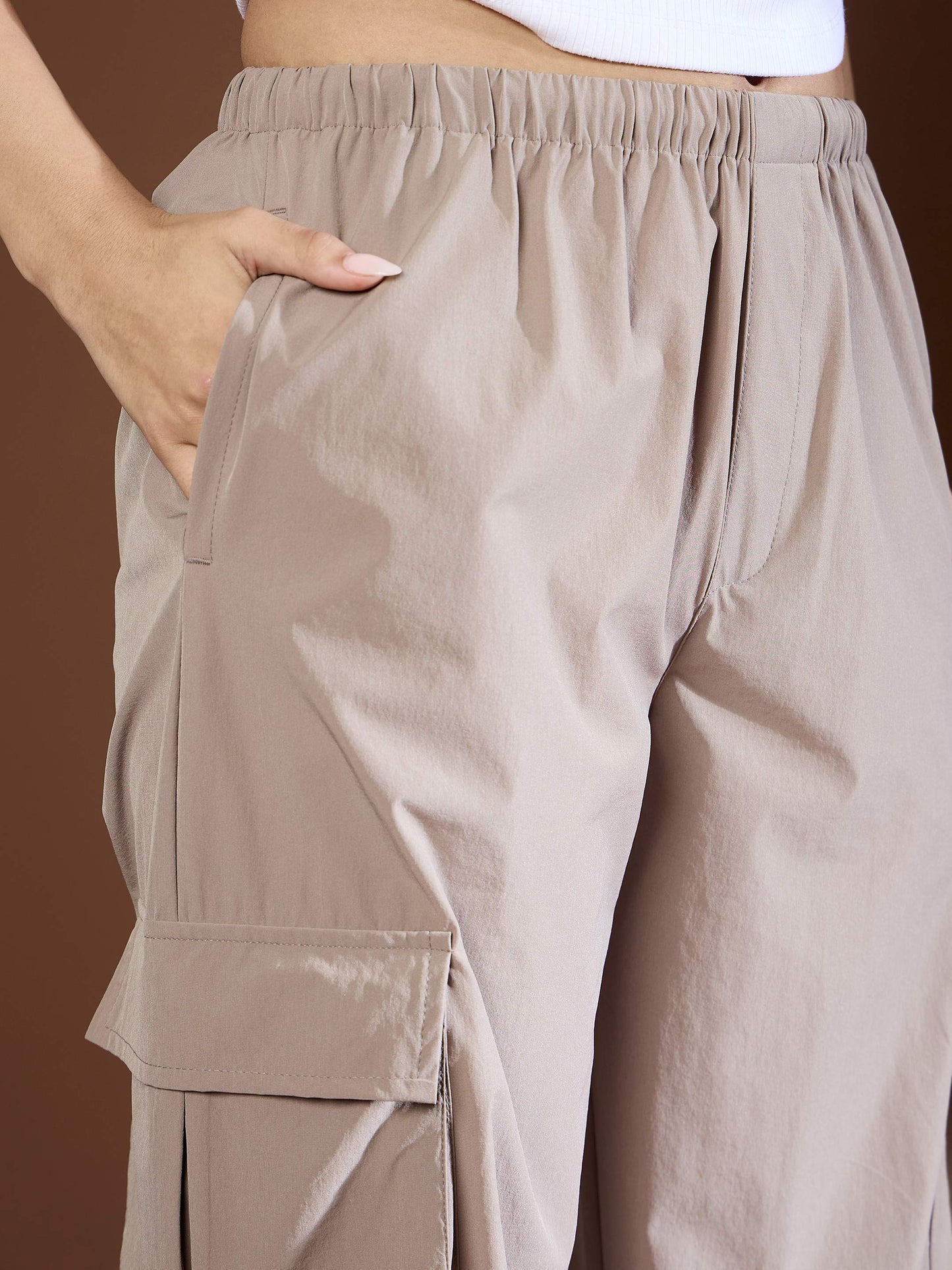Unisex Taupe Side Ruched Baggy Parachute Pants
