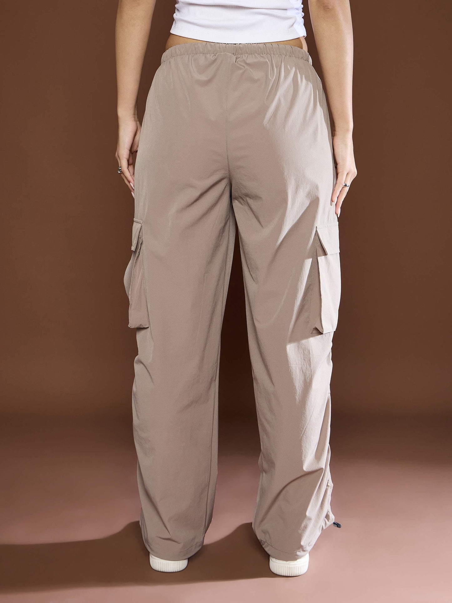 Unisex Taupe Side Ruched Baggy Parachute Pants
