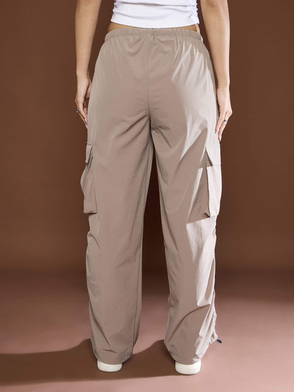Unisex Taupe Side Ruched Baggy Parachute Pants