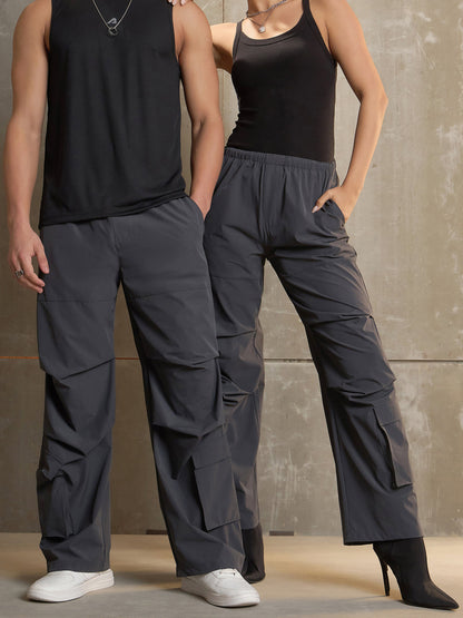 Unisex Dark Grey Pleated Knee Baggy Parachute Pants