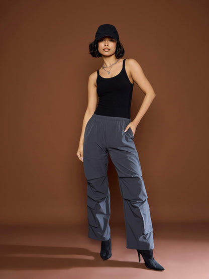 Unisex Dark Grey Pleated Knee Baggy Parachute Pants