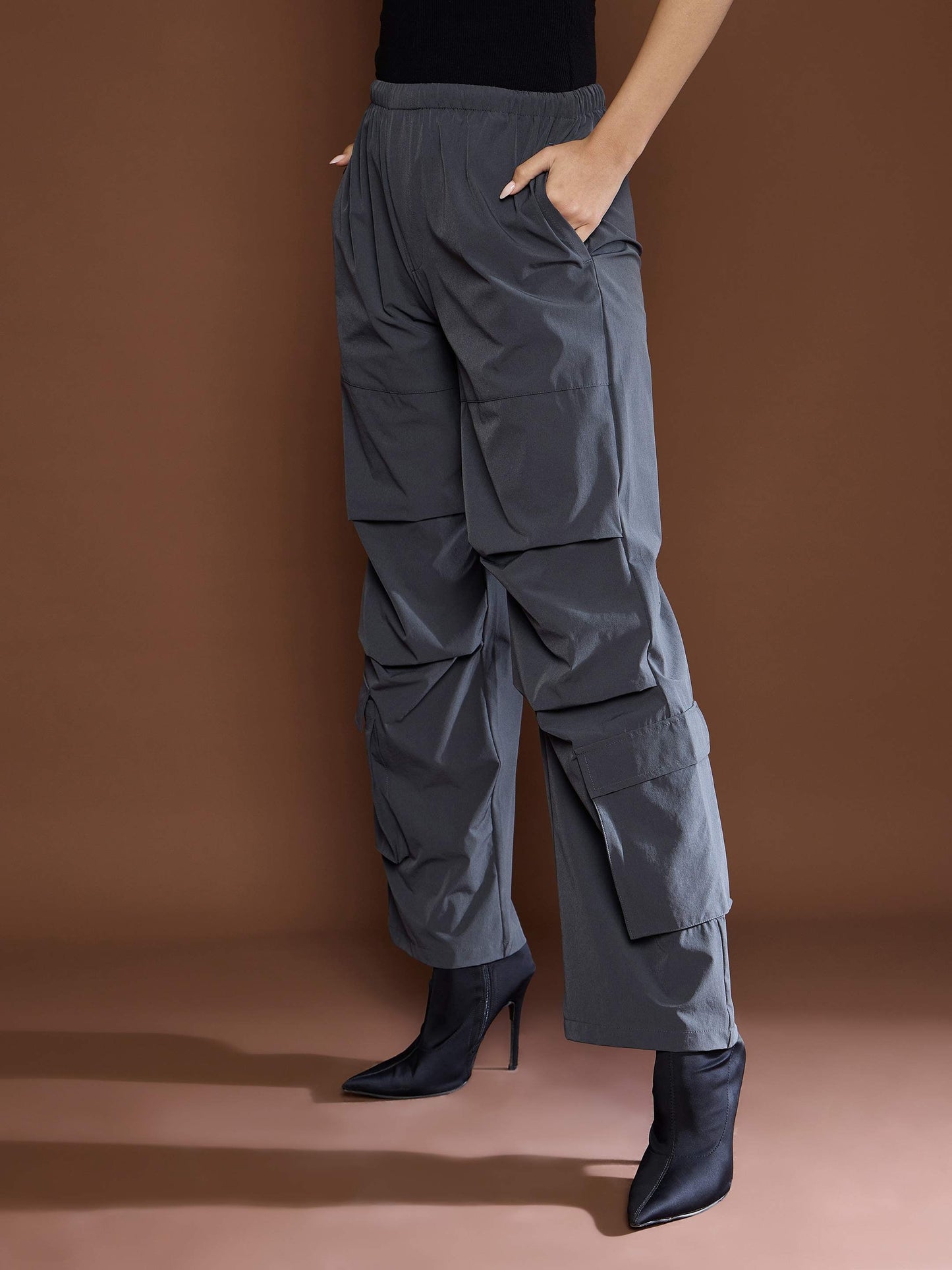 Unisex Dark Grey Pleated Knee Baggy Parachute Pants