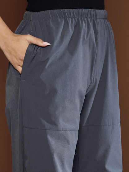 Unisex Dark Grey Pleated Knee Baggy Parachute Pants