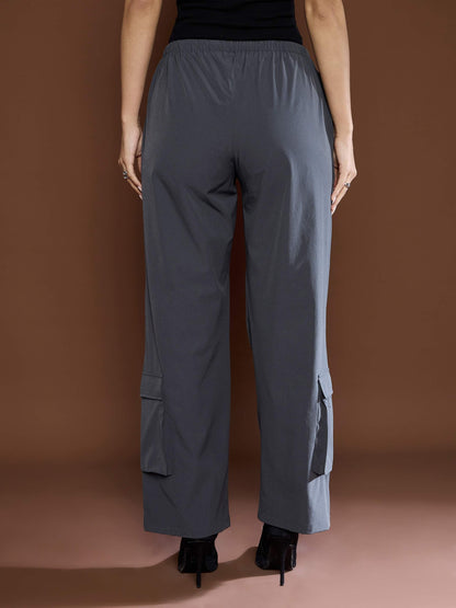 Unisex Dark Grey Pleated Knee Baggy Parachute Pants