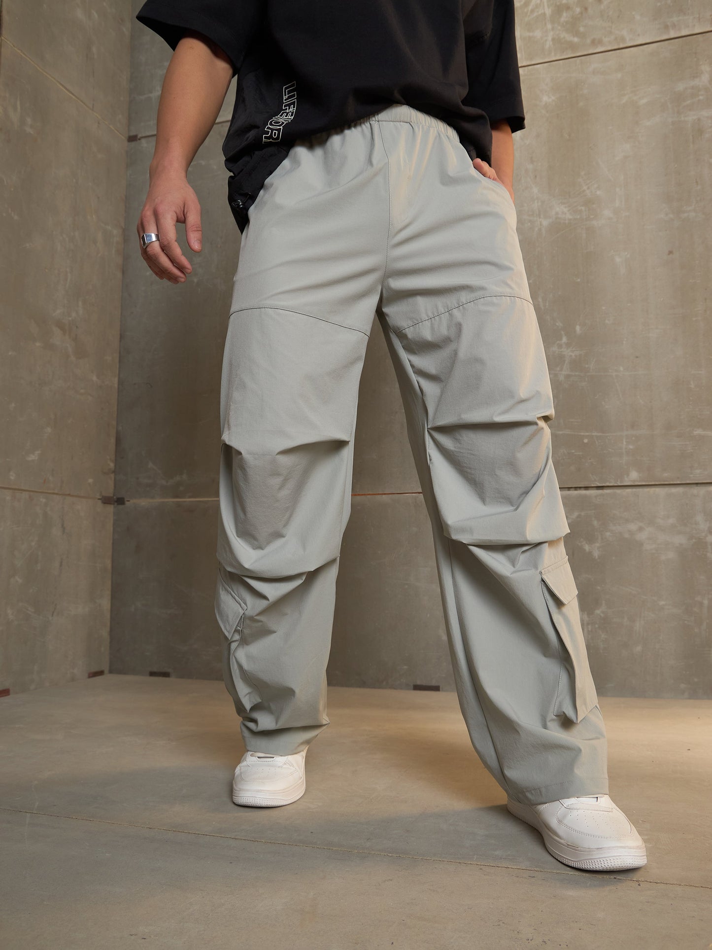 Unisex Light Grey Pleated Knee Baggy Parachute Pants
