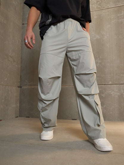 Unisex Light Grey Pleated Knee Baggy Parachute Pants
