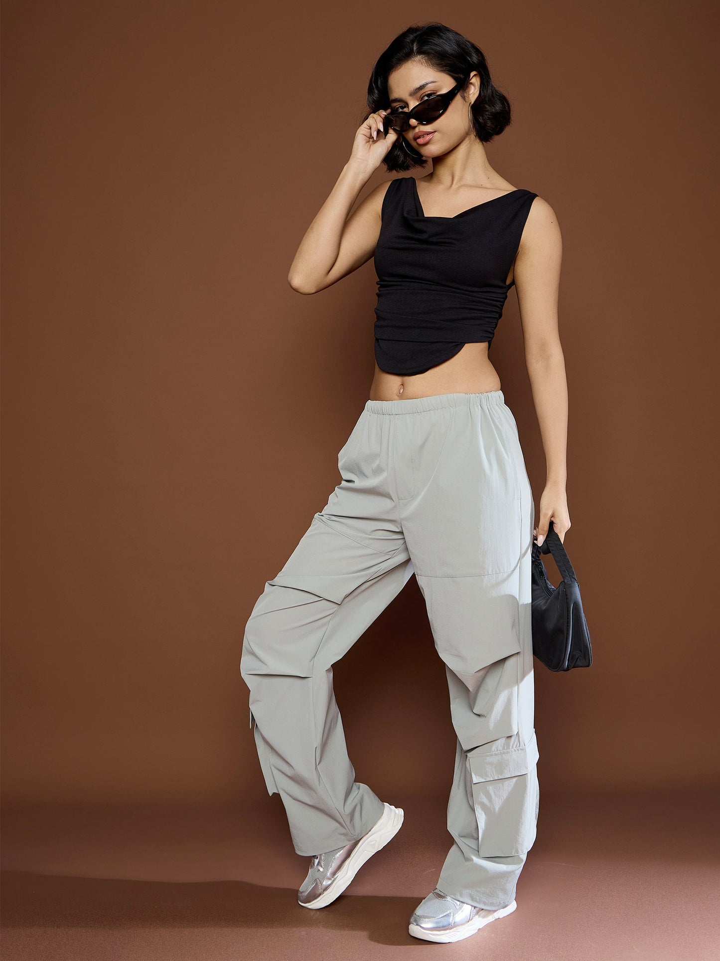Unisex Light Grey Pleated Knee Baggy Parachute Pants