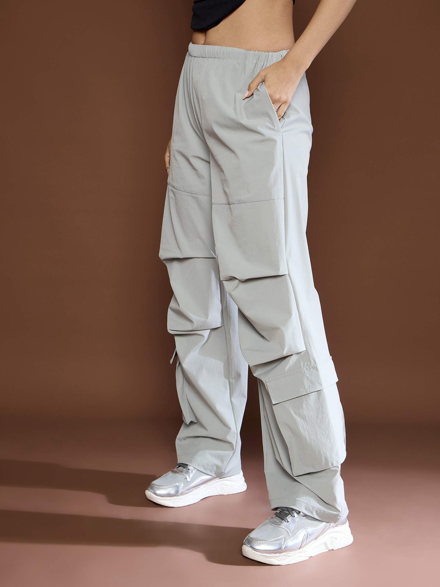 Unisex Light Grey Pleated Knee Baggy Parachute Pants
