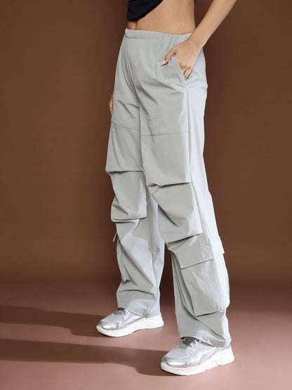 Unisex Light Grey Pleated Knee Baggy Parachute Pants