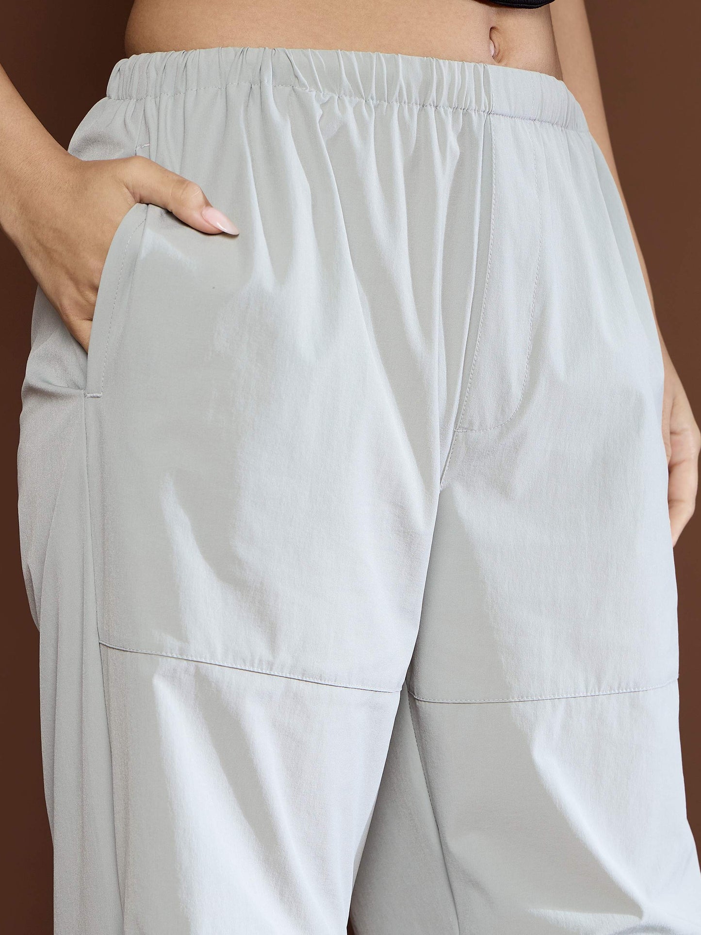 Unisex Light Grey Pleated Knee Baggy Parachute Pants