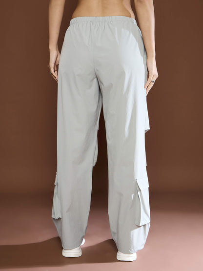 Unisex Light Grey Pleated Knee Baggy Parachute Pants