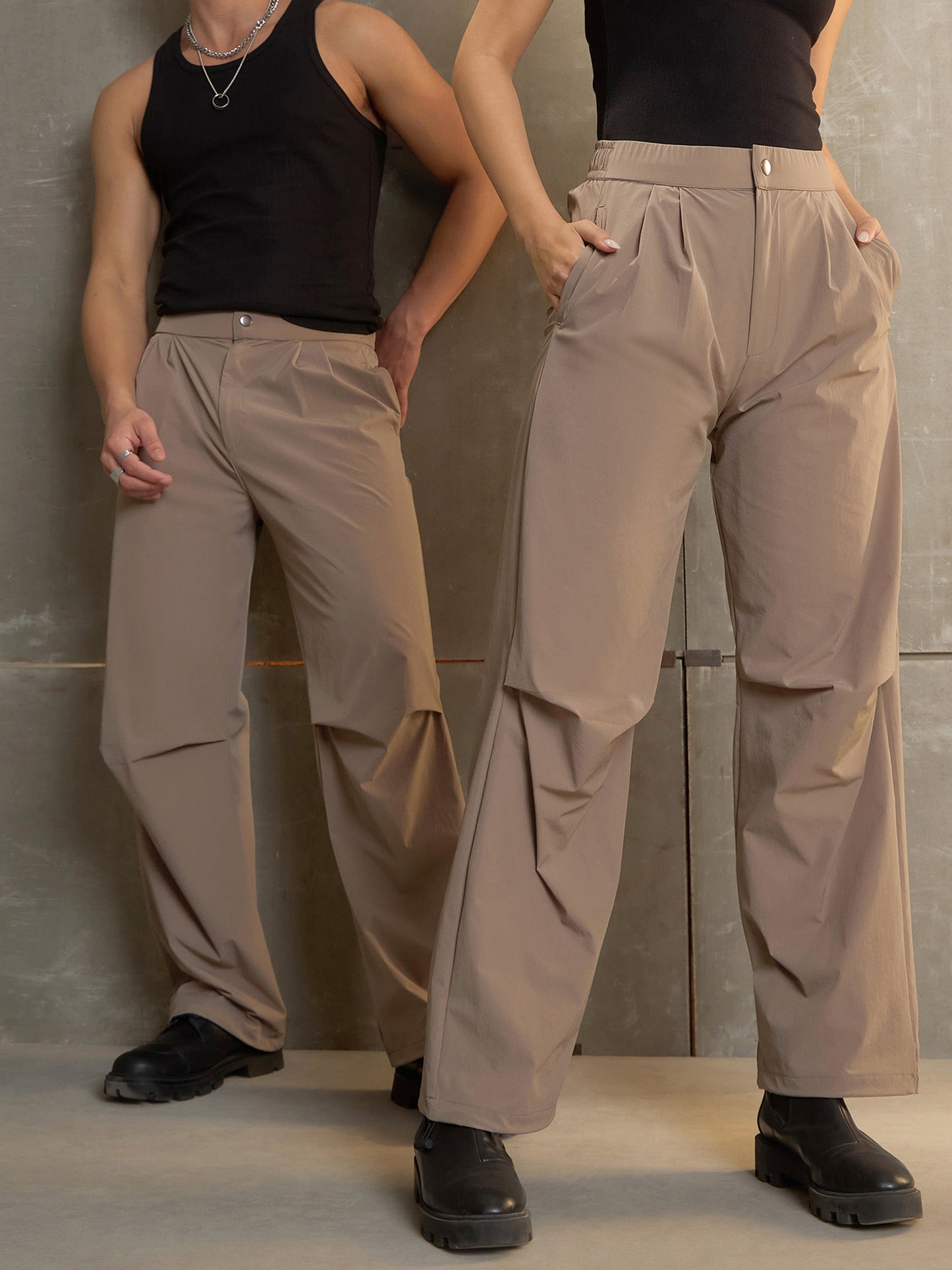 Unisex Taupe Front Dart Baggy Parachute Pants