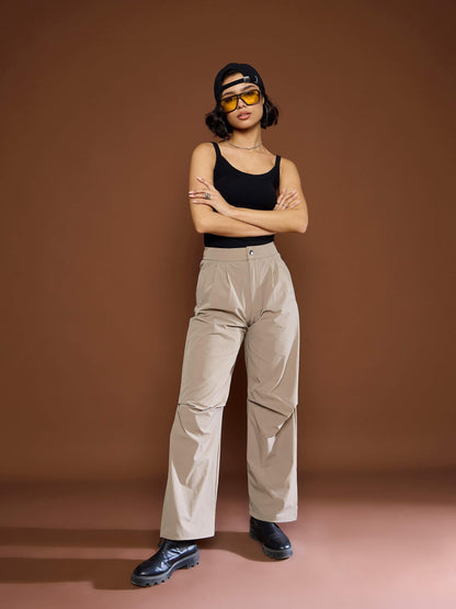 Unisex Taupe Front Dart Baggy Parachute Pants