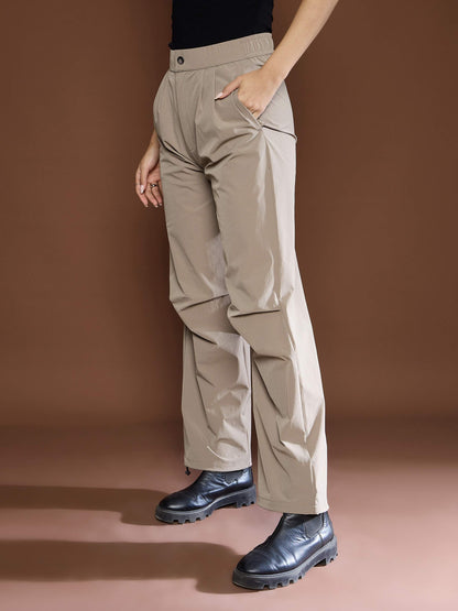 Unisex Taupe Front Dart Baggy Parachute Pants