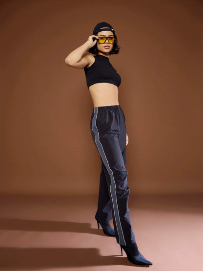 Unisex Black Side Panel Baggy Parachute Pants