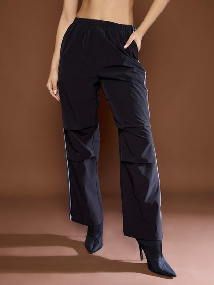 Unisex Black Side Panel Baggy Parachute Pants