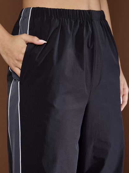 Unisex Black Side Panel Baggy Parachute Pants