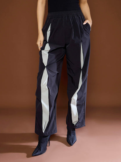 Unisex Black Front Invert Pleat Baggy Parachute Pants