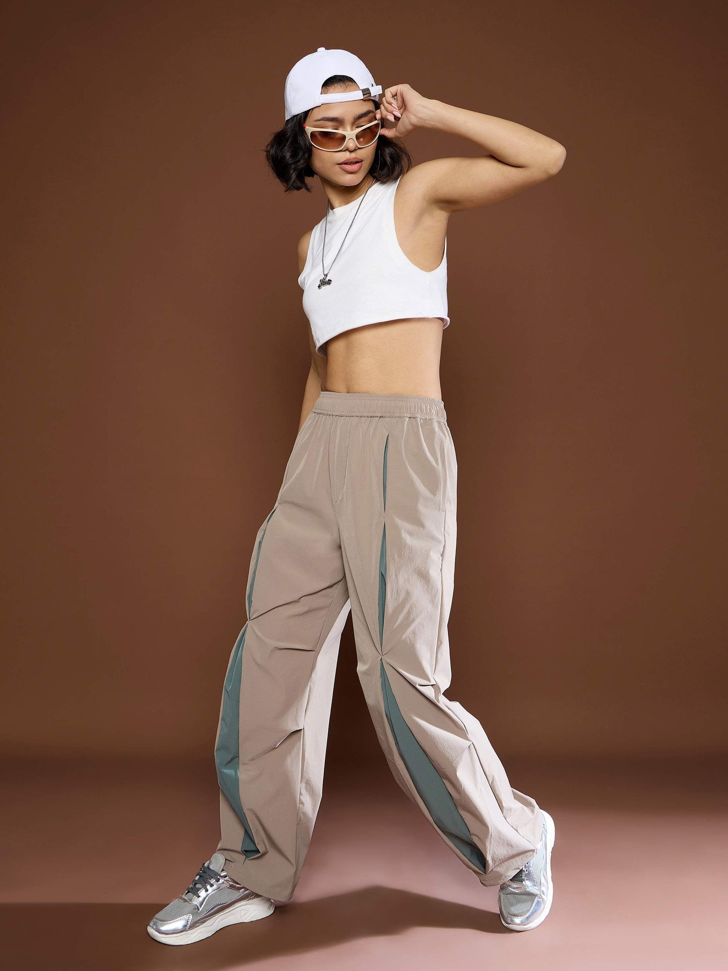 Unisex Taupe Front Invert Pleat Baggy Parachute Pants