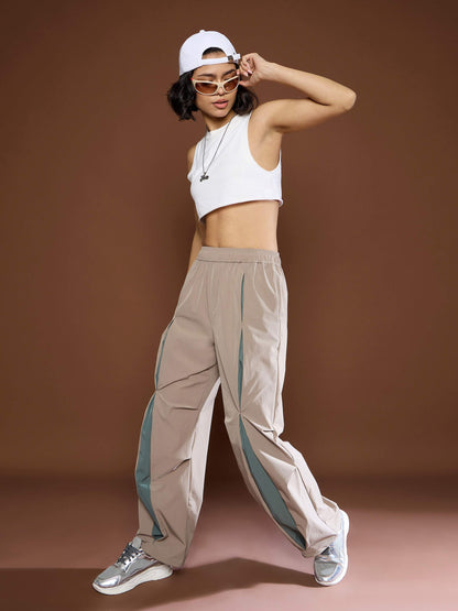 Unisex Taupe Front Invert Pleat Baggy Parachute Pants
