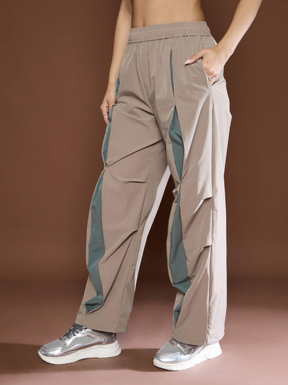 Unisex Taupe Front Invert Pleat Baggy Parachute Pants