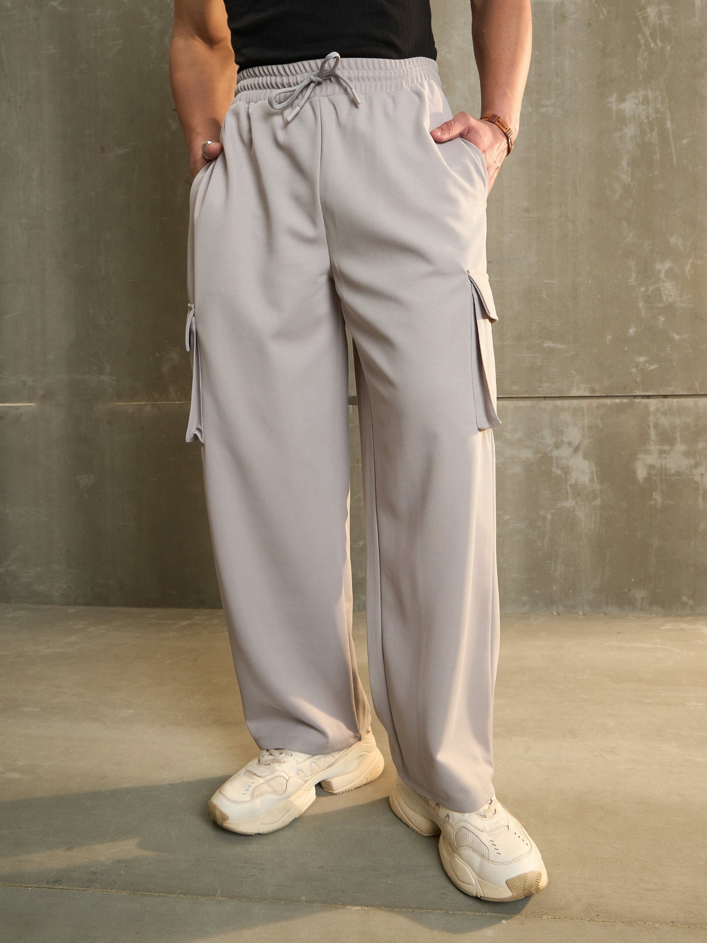 Men Light Grey Side Pocket Wide Leg Pants